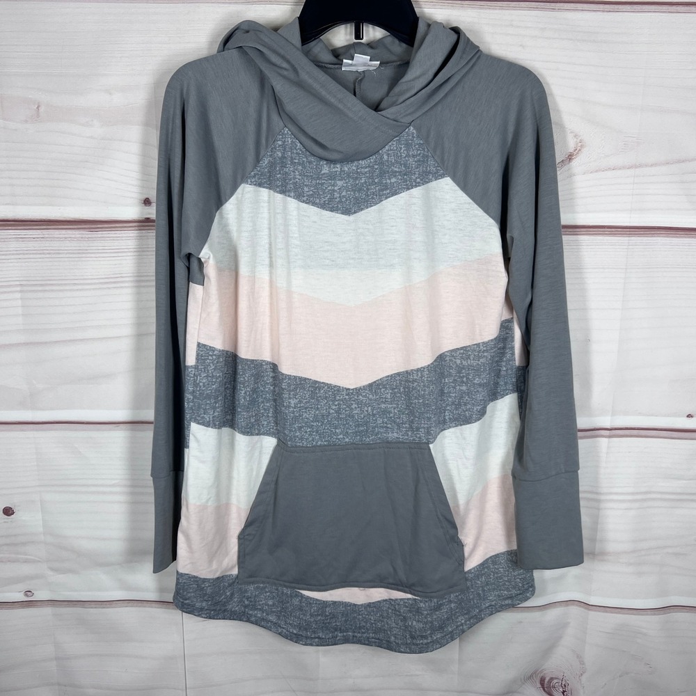 LuLaRoe Pullover Hoodie Top Womens Medium Gray Chevron Long Sleeve Raglan Pocket